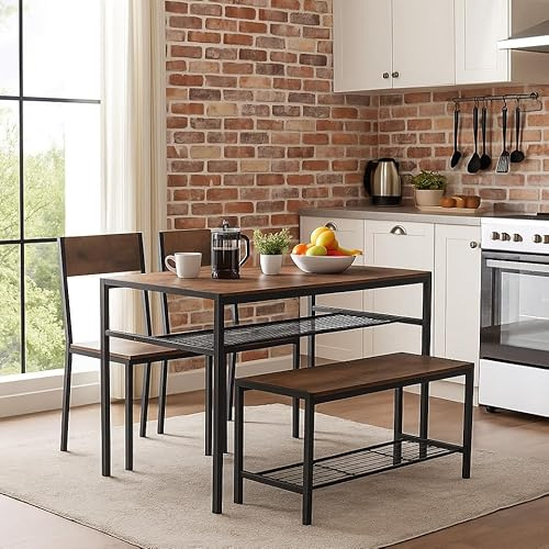 URBNLIVING 4-Piece Dining Set with Table, 2 Chairs & Bench Modern Kitchen Furniture with Sturdy Metal Frame and Wood-Look Finish Compact Design for Small Dining Rooms or Apartments