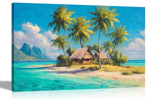 Artley Prints - Polynesian Island with Tropical Tree and Ocean Canvas Wall Art Prints Home Decor Living Room Bedroom Hallway Pictures Large 86 x 61cm (34 x 24 inches) A1