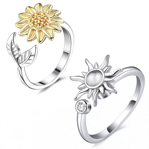 CHUANFU 2 st dam anti-stress ring, fidget ring ångest justerbar öppen ångest anti-stress stapla blomma solros roterande ringar för smycken gåva, silver