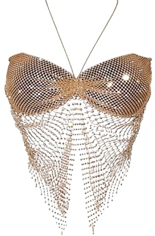 Floerns Women's Sparkly Rhinestone Fishnet Halter Top Y2K Tie Backless Asymmetrical Party Cami Tops Champagne Medium