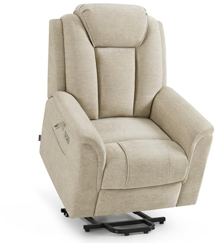 MCombo M poltrona da tv con assistenza elettrica per alzarsi, 2 ruote per mobilità, massaggio e riscaldamento, poggiatesta regolabile, cuscino in schiuma 35D 7269 (Tessuto, Beige)