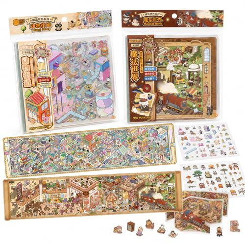 RhiVrillion Kit de Libro de Pegatinas Adultos, Sticker Book: 1 Libro Pegatinas Mágico y 1 de Animales, Pegatinas 3D Sticker Scene Reutilizables, DIY Relajante para Niños y Adultos