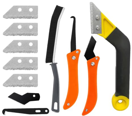 Juego de 11 rascadores para juntas de cemento con 7 cabezales intercambiables, 2 cabezales angulares de sierra manual, cepillo de limpieza, ideal para azulejos de baño y cocina