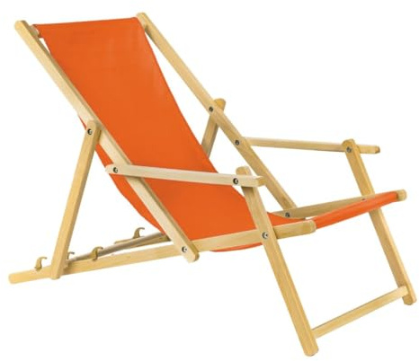 BAS Holz Sonnenliege Strandliege Liegestuhl aus Holz 3 Stufen Klappbare Gartenliege mit Armauflagen orange