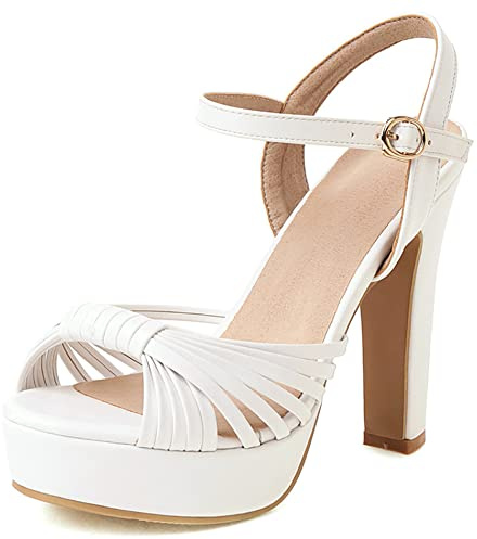 Lroey Reoly Sandalias para Mujer de Tacón Alto, Sandalias Punta Abierta Elegante Tacón Ancho Zapatos de Novia con Plataforma Hebilla Correa de Tobillo 118 Blanco Talla 36 EU