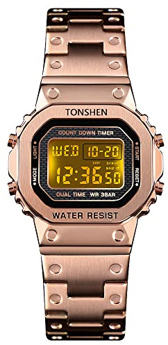 TONSHEN Mujer Fashion Deportivo Digital Relojes Acero Inoxidable Multifuncional LED Electrónica Alarma Cronómetro Doble Tiempo Outdoor Militar Sport Reloj de Pulsera (Rosa)
