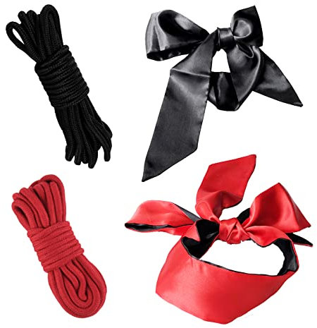 Lot de 4 cordes en coton doux, 5 m de long et 8 mm d'épaisseur, multi-usages et durables (noir/rouge) + 2 masques en satin de soie pour les yeux pour jeux de sommeil (noir et rouge)