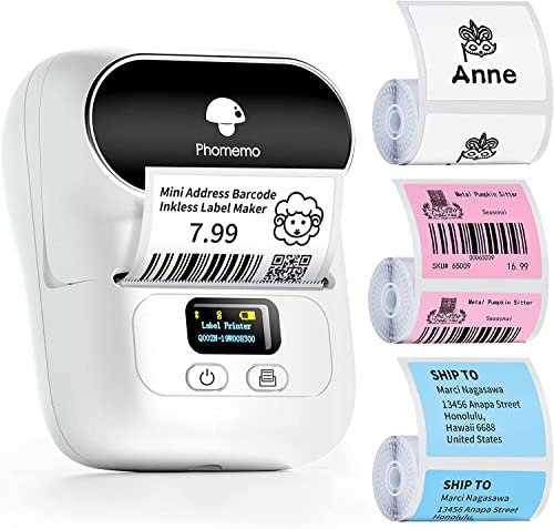 Phomemo M110 Etikettendrucker,Bluetooth Beschriftungsgerät Selbstklebend Etikettiergerät Tragbarer Labeldrucker Label Printer für Barcode Aufkleber Drucker mit 3 Rolle Etiketten, Weiß