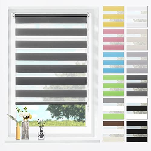 SBARTAR Doppelrollo Klemmfix Duo Rollos für Fenster ohne Bohren & zum Bohren,Anthrazit B85 x H220 cm (Stoffbreite 85cm) Lichtdurchlässig Klemmrollo Fensterrollo ZeBrarollo