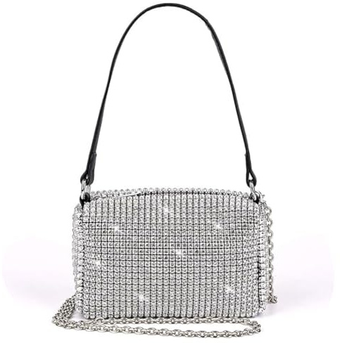 ELIOX Borsa STRASS a Mano e Tracolla da Donna - Borsetta Piccola Elegante - Pochette Da Sera e Cerimonia alla Moda (Argento)