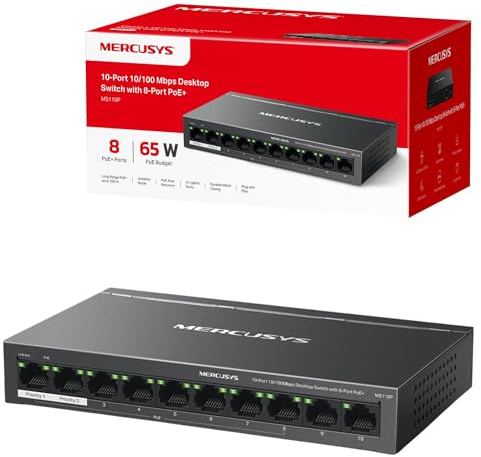 MERCUSYS 10-Port 10/100Mbps Desktop Switch with 8-Port PoE+, PoE Power Budget 65W, compatible with 802.3af/at PDs, Power management, metal case, Plug & Play, No Configuration Required (MS110P)