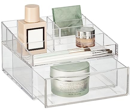 mDesign Plastic Divided Makeup Organizer Holder Bin with Front Drawer for Bathroom Vanity, Countertop Storage - Cosmetic Organization Holds Palettes, Brushes, Accessories - Cadi Collection - Clear