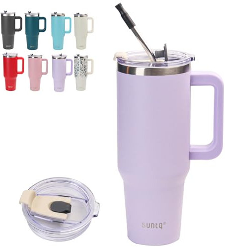 SUNTQ 1180ml/40oz Tumbler mit Griff, Doppelwandige Vakuum Isolierte Wasserflasche mit Stroh und Deckel, Edelstahl Reise Kaffeebecher, Thermische Tasse für Getränke, Fit in Becherhalter(Lila)