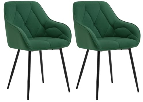WOLTU Dining Chairs Set of 2, Upholstered Ergonomic Chairs, Dark Green | With Backrest, Armrests, Metal Legs for Kitchen Living Room Bedroom Lounge Office Dressing Room, Velvet