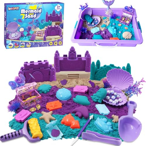 BEIREG Mermaid Sensory Bin Kit - 60Pcs Sensory Sand Set with 2lbs (Purple/Teal/Beach), 17 Sea Castle & Marine Molds, 12 Tools, Treasure Chest, Ocean Sandbox Mermaid Toys Gifts for Girls Ages 3-8