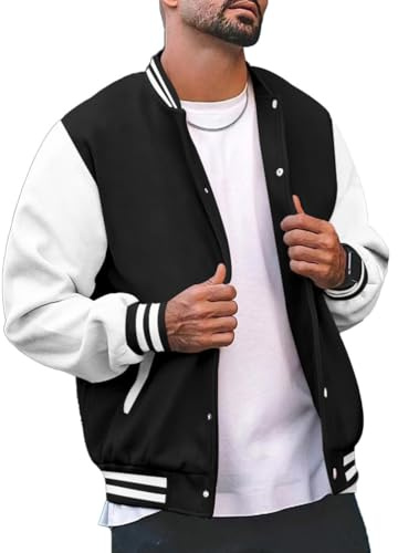 seiveini Giacca da Baseball Uomo Senza Cappuccio Giacca College Bomber Varsity Jacket Cappotto Felpa Sportivo Retrò Autunnale Invernale A Nero XL