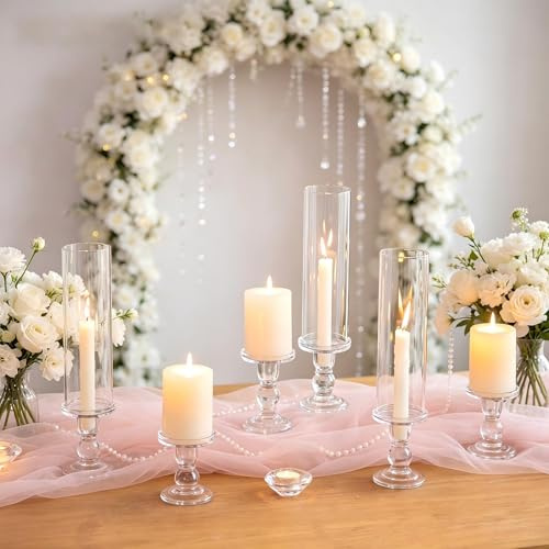 NUPTIO Bougeoir Verre Transparent Cylindrique - 6 Pièces 32cm Bougie Chandelier Centre de Table Mariage Porte-Bougies Effilée Bougeoir Cylindrique avec Verre Ouvert