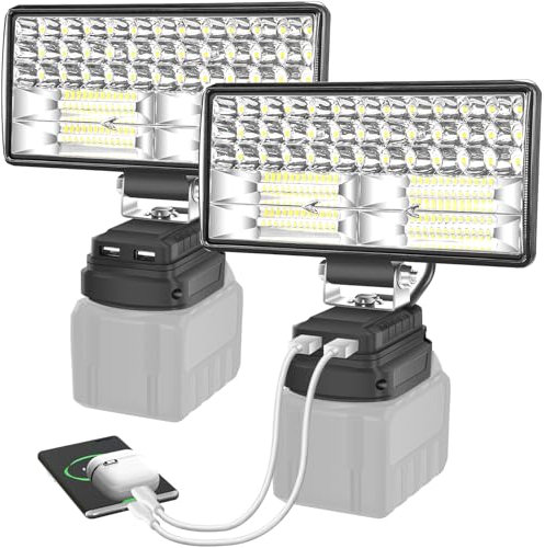 Herenear Lámpara de Batería Trabajo LED Portátil para Makita 21V, 84W 8000LM, Foco Construcción de 8 Pulgadas con 2 Puertos de Carga USB (5V 2.1A), 2 Ajustes de Brillo, Ideal para Reparación de Coches