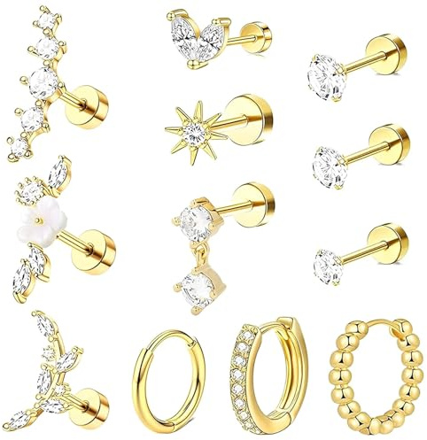 12 Pcs Piercing Helix Boucles d'Oreilles Femme, Simples et Beaux Piercing Oreille Acier inoxydable pour Femme Piercing Conch (Doré)