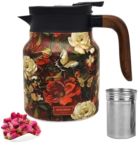 YANGUN Thermos Teapot with Infuser, Thermal teapot, Vintage Floral Pattern Tea Thermos with Handle, Stainless Steel Thermal Carafe for Hot Tea and Cold Drinks, Tea and Coffee Jug, 1000ML (Bright Red)