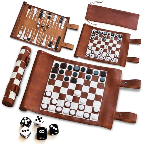 Chess, Checkers, and Backgammon Set 3 in 1 - Roll-up Leather Board Games, Portable and Lightweight with Drawstring Bag,Travel-Size Board Game for Camping, Backpacking, Road Trips, Adults