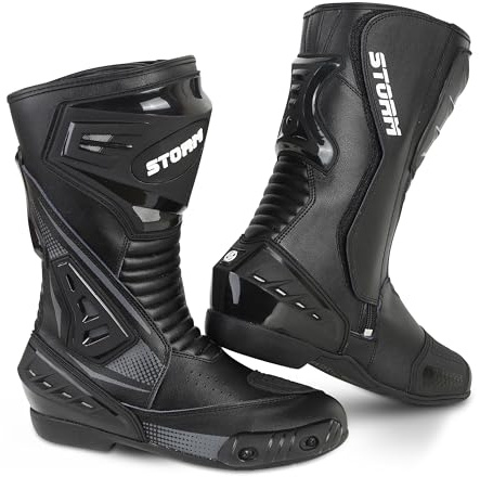 Stivali da moto Storm in vera pelle, impermeabili, con protezione anti-scivolo, da corsa e sportivi, omologati CE (Black, 44, Sistema Taglie Calzature EU, Adulto, Uomo, Numero, Media, 44)