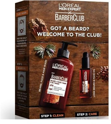 L’Oréal Men Expert Barber Club Grooming Kit | 3-in-1 Beard, Hair & Face Wash 200ml + Beard Oil 30ml | Men’s Grooming Gift Set | Bundled by Omoge Hair Ltd | Authentic UK Stock