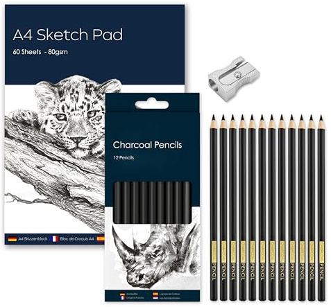 Art Sketch Set – A4 Sketchpad (60 Sheets, 80gsm) with 12 Charcoal Pencils & Sharpener | Complete Drawing & Sketching Kit for Artists, Students & Beginners | Premium Art Supplies Gift Set