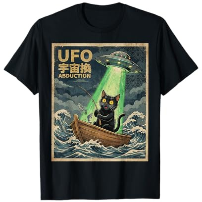 Kawaii Pesca Gato Hombres Mujeres Niños Extraterrestre OVNI Abducción Camiseta