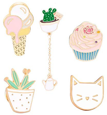 Beyond Lot de 5 broches en métal - Motif cactus et chat - Crème glacée - Cupcake, émail