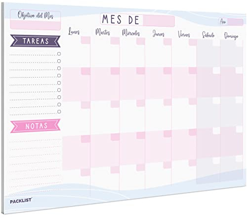 PACKLIST Planificador Mensual, Organizador A4 - Agenda Calendario Perpetuo 2023/24/25 - Planner con 25 Hojas en Formato Mensual