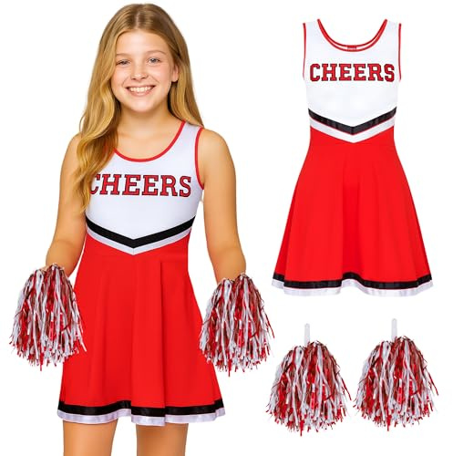 Girls Cheerleader Costume & Pom Poms - Kids Cheerleader Outfit Fancy Dress | Cheer Leader Costume Kids, Red or Black Cheer Dress, Pom Poms Included, 2 Piece Fancy Dress Set, 7-9 or 10-12 Years