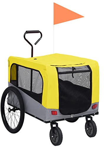 vidaXL 2-in-1 Pet Bike Trailer and Jogging Stroller, Pet Cart Carrier for Small Dogs, Pet Bike Trailer with Flag, Dog Bicycle Wagon, Yellow and Grey