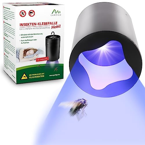GARDIGO Insektsfälla med gult klistermärke och UV-ljus | Mobil myggfälla batteridriven | skymningssensor | utbytbara självhäftande remsor | självhäftande fälla, myggskydd | insektsfångare, gultavlor