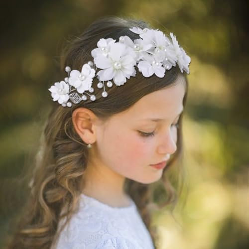 IYOU Blumen Hochzeit Stirnband Elfenbein Perle Kopfschmuck Braut Heilige Kommunion Haarschmuck für Blumenmädchen