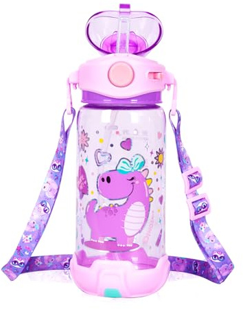 PinkSheep Vattenflaska för barn med sugrör/snodd för skola barn flickor pojkar, 650 ml BPA-fri barn dricksvattenflaska med ett klick-öppet läckagesäker låsning flipplock för skola sport resor (rosa