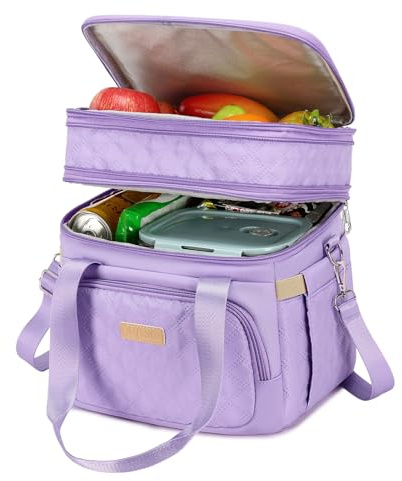 AIJIEKE Lunch Box Insulated Lunch Bag, Large Leakproof Double Deck Lunch Tote for Work, Double Layer, Adult Reusable, For Picnic, Beach, Meal Prep Dual Compartment Lunch Bags, Purple