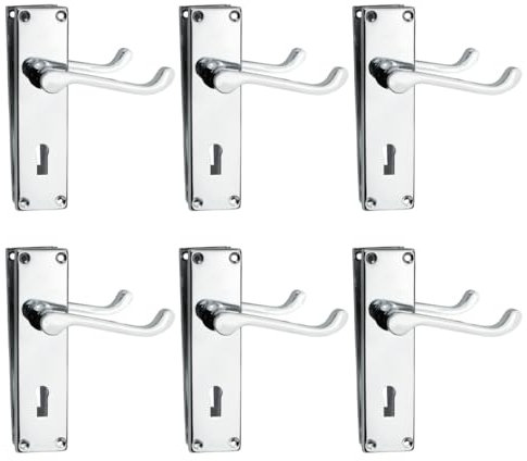 Bwintech 6 Sets Polished Chrome Victorian Lever on Plate, Latch Furniture, Backplate Door Handles, with Keyhole, Suitable for Wooden Doors