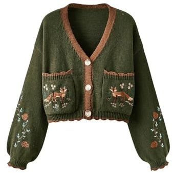 BEAUDRM Women's Floral Cropped Cardigan Cottagecore Boho Cardigans Embroidered Open Front Western Sweaters Fall Outwear Multicolor Medium