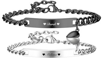 Zysta Pärchen Armband mit Gravur Partnerarmbänder Magnet Herz Anhänger Verstellbar Namen Armband Personalisierte BFF Partner PaarGeschenk (Silber&schwarz)