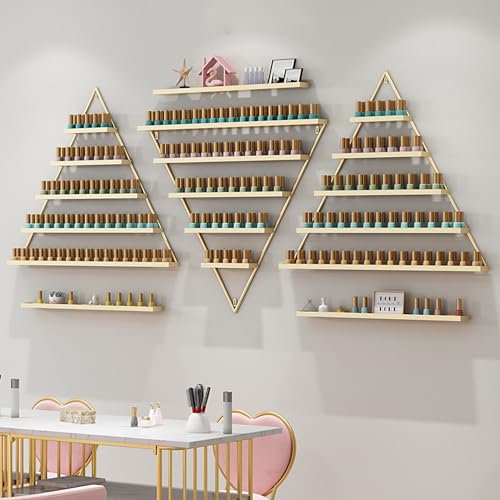 Wandmontiertes Nagellackregal, 6 Stück, dreieckiges goldenes Nagellackregal, Lippenstift, Parfüm, Kosmetik, Ausstellungsregal für Zuhause, Spa, Nagelstudio, Geschäft