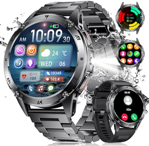 Militära smarta klockor för män, 530 mAh stort batteri, 1,43 tum AMOLED puls/SpO2/sömnmonitor 5 ATM vattentät smartklocka för Android iOS (svar/ringa samtal), fitnessmätare med LED-ficklampa