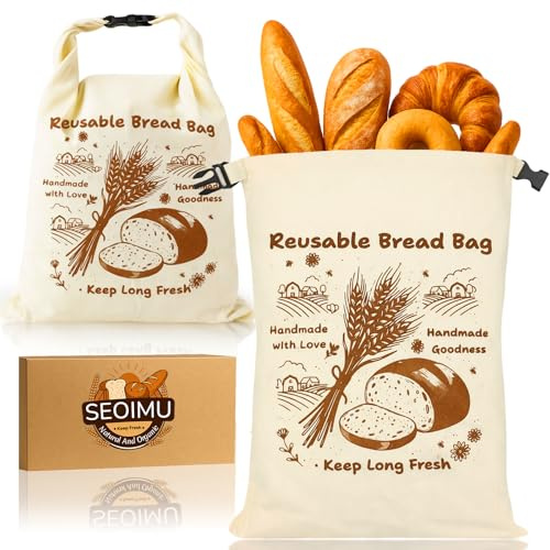 1 sacchetto per il pane riutilizzabile, 40 x 31,5 cm, in cotone con strato interno in TPU, per il pane fatto in casa, porta pane portatile con chiusura a fibbia