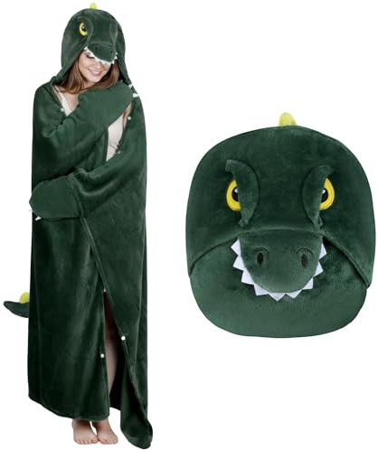 MSISILY Manta con capucha para mujer, manta suave para acurrucarse, forro polar y sudadera con capucha de sherpa, Dinosaurio Dreen, 160x130cm
