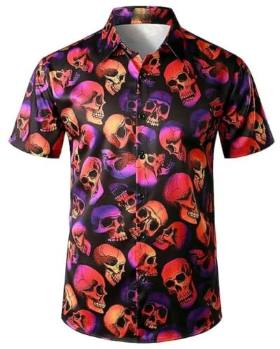 NebulaGlam Mens Shirts Short Sleeve, Mens Hawaiian Skeleton Shirts, Men Shirt Skeleton Short, Hawaiian Shirt 3D Print for Halloween (L) Black