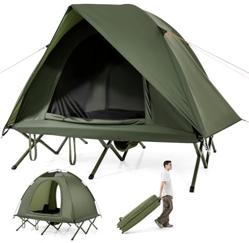 GOPLUS 2 en 1 Lit de Camping Pliant 2 Personne Adultes 194 x 145 x 46 CM, Tente Pliante avec Auvent 194 x 150 x 122 CM, Tente Surélevée Portable avec Corde Coupe-Vent, Charge 300KG, Vert