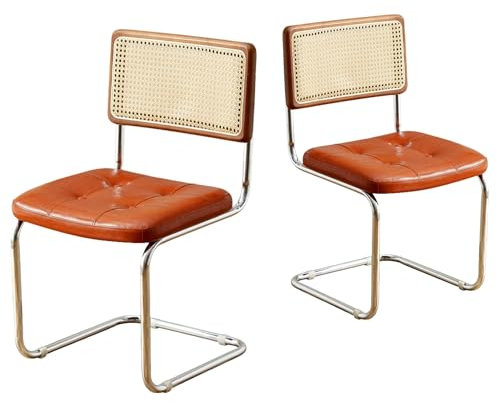 SEEDWAVE 2er-Set Freischwinger Stühle im Vintage-Stil – Esszimmerstühle mit Rattan Rückenlehne & Walnuss-Holzrahmen – Kunstleder Sitz, Retro Design für Küche, Wohnzimmer, Büro (Walnussbraun)