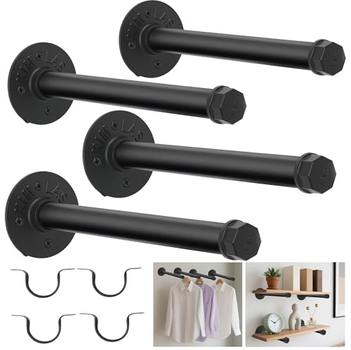 aleawol 12 Inch Industrial Pipe Clothes Bar, 4pcs Wall Mounted Pipe Clothing Rail for Hanging Clothes, Heavy Duty Rustic Metal Coat Hanger with Screws for Bedroom Bathroom Retail Boutique Display