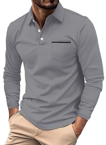 Camisas polo de manga larga para hombre, blusas de trabajo con botones, con bolsillo, para invierno y otoño, Polo gris oscuro para hombre, 3XL