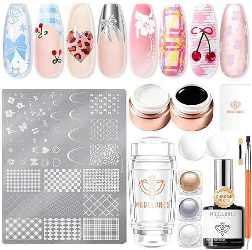 Modelones 16PCS Plaid Nail Stamping Kit – French Tip Stamper White Black Painting Gel Polish Chrome Powder Proof Matte Gel Top Coat Gingham Template Dual Nail Art Brush Summer Manicure Gift for Women